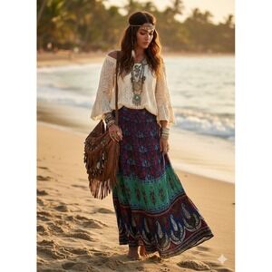 Worthington‎ Maxi Skirt OS Purple Floral Paisley Tiered Drawstring Gipsy Hippie
